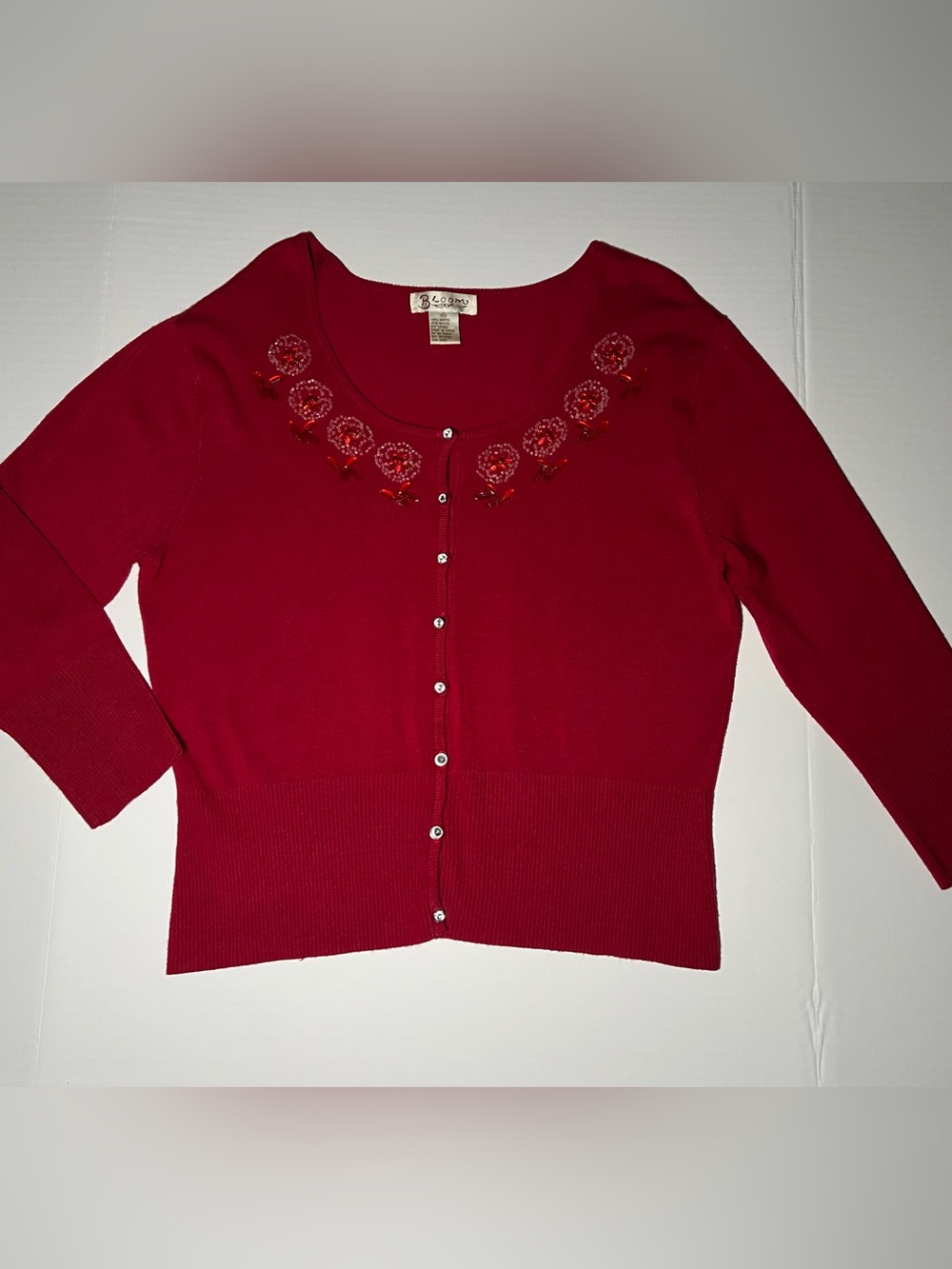 Bloom Red Beaded Floral Neck Cardigan